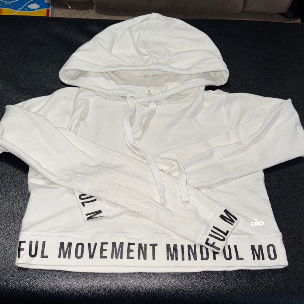 Alo Yoga Cropped White Hoodie with 'Mindful Movement' Trim